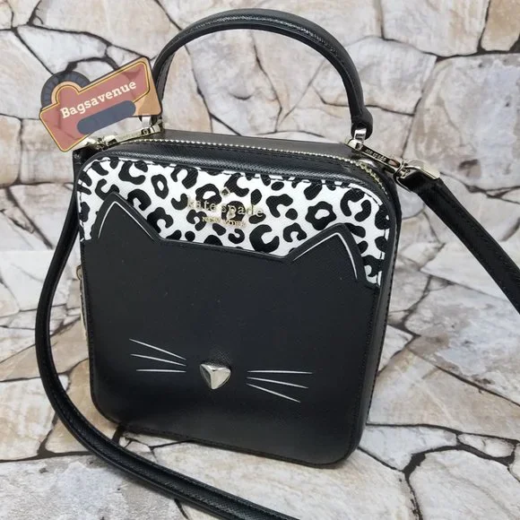 Daisy Vanity Crossbody Meow Cat Leather Bag Top Handle Purse Black Kate spade - Picture 8 of 9
